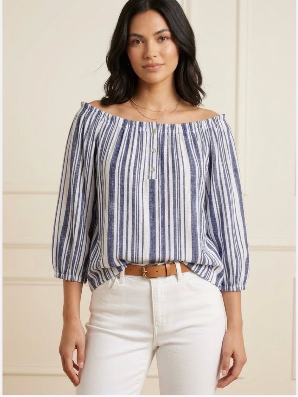 Joie de Vivre Striped Off-Shoulder Peasant Top - Navy and White. Size S